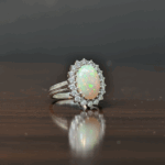 18k Vintage-Inspired Oval Fire Opal Halo Ring in Sterling Silver