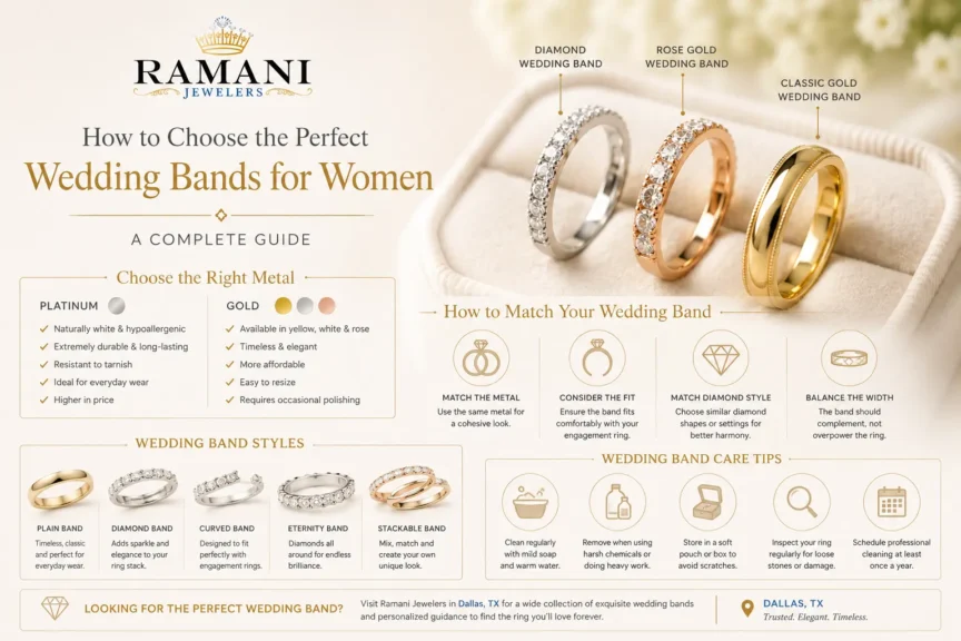Infographic showing how to choose wedding bands for women, including platinum vs gold comparison, wedding band styles, matching an engagement ring, and care tips from Ramani Jewelers in Dallas, TX.