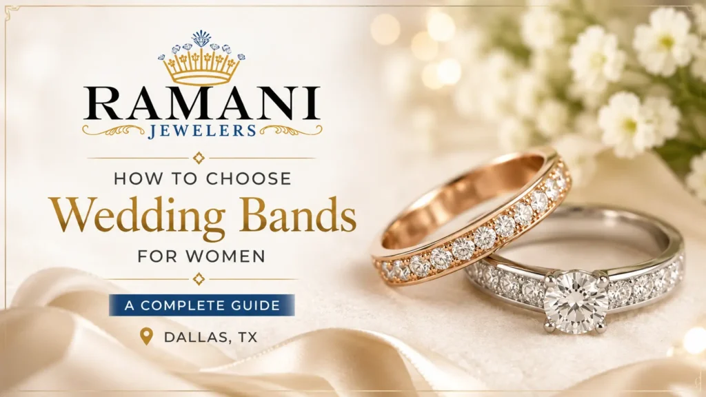 Elegant diamond wedding bands for women displayed beside an engagement ring in Dallas TX jewelry store.