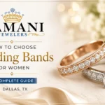 Elegant diamond wedding bands for women displayed beside an engagement ring in Dallas TX jewelry store.