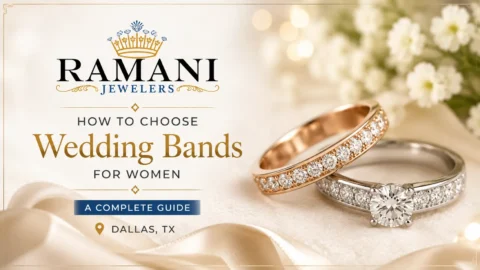 Elegant diamond wedding bands for women displayed beside an engagement ring in Dallas TX jewelry store.