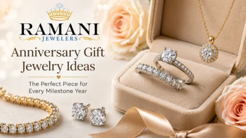 Anniversary gift jewelry ideas featuring diamond rings, earrings, bracelet, and pendant from Ramani Jewelers.