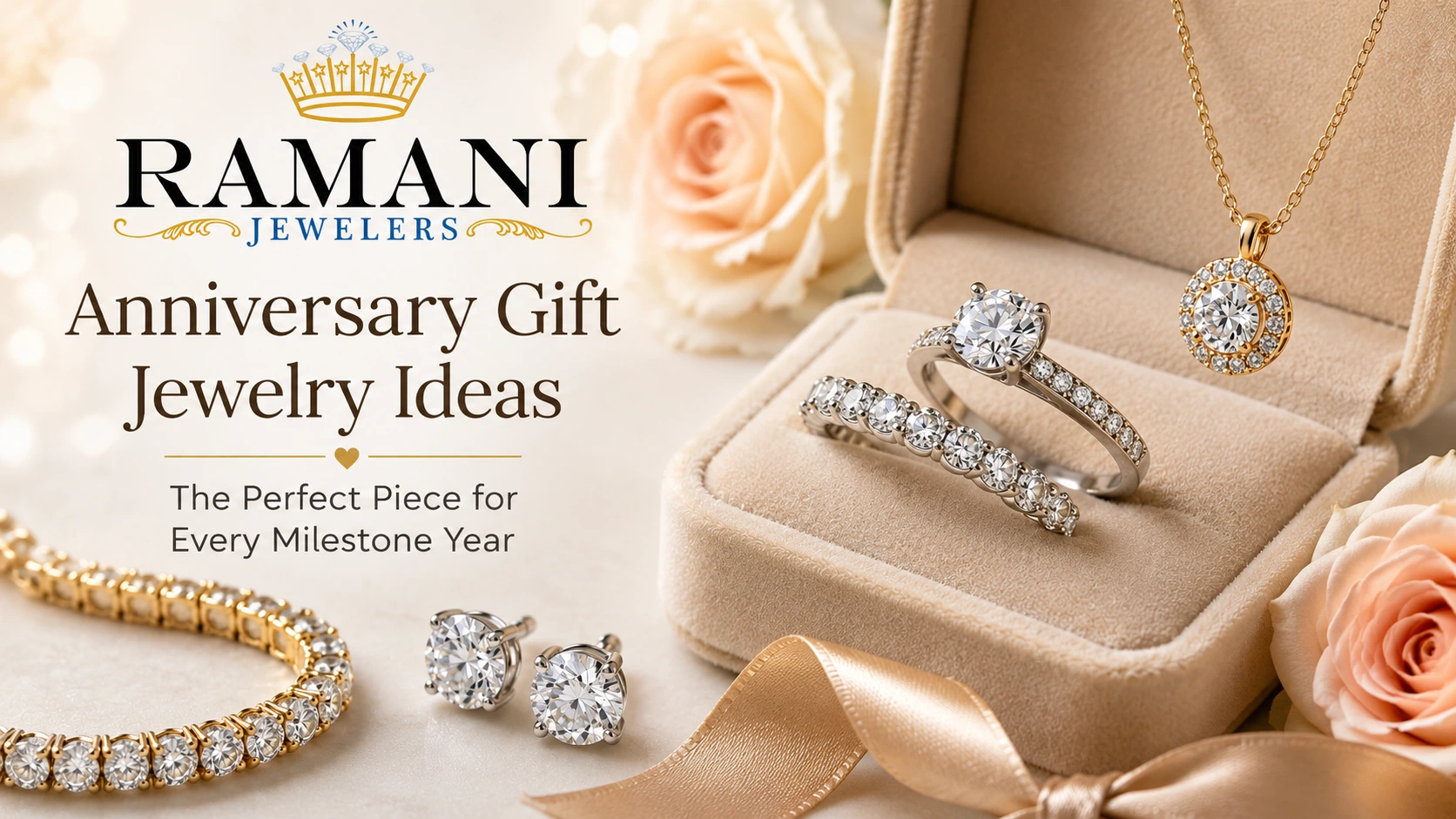 Anniversary gift jewelry ideas featuring diamond rings, earrings, bracelet, and pendant from Ramani Jewelers.