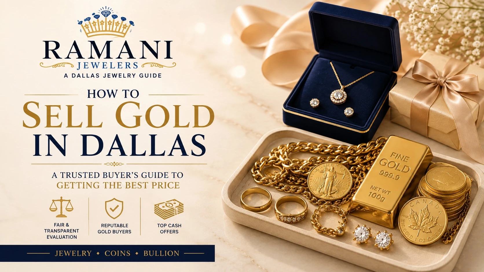 How to sell gold in Dallas with Ramani Jewelers, featuring gold jewelry, coins, and bullion