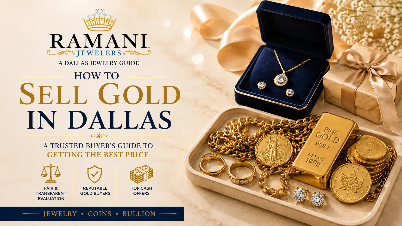 How to sell gold in Dallas with Ramani Jewelers, featuring gold jewelry, coins, and bullion