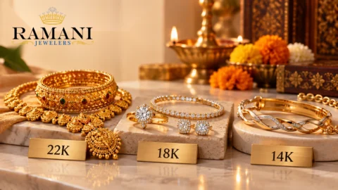 22K vs 18K vs 14K gold jewelry comparison showing different gold purity levels and jewelry styles