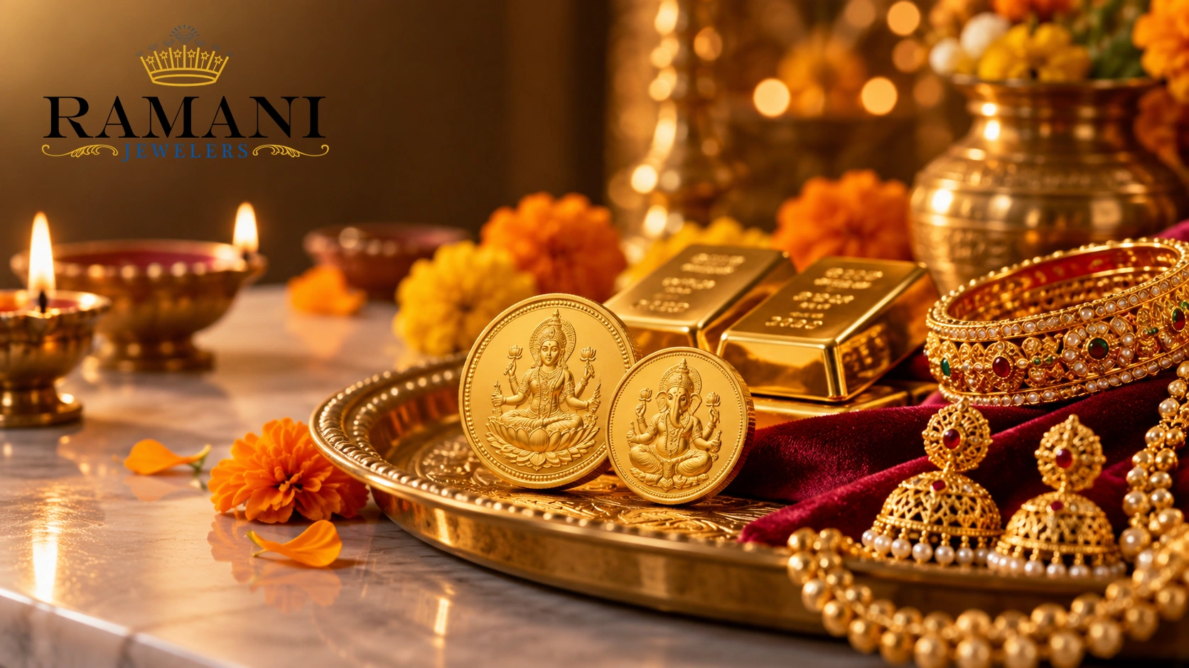 Dhanteras 2026 gold buying guide featuring gold coins, bars and traditional Indian jewelry in Dallas, TX